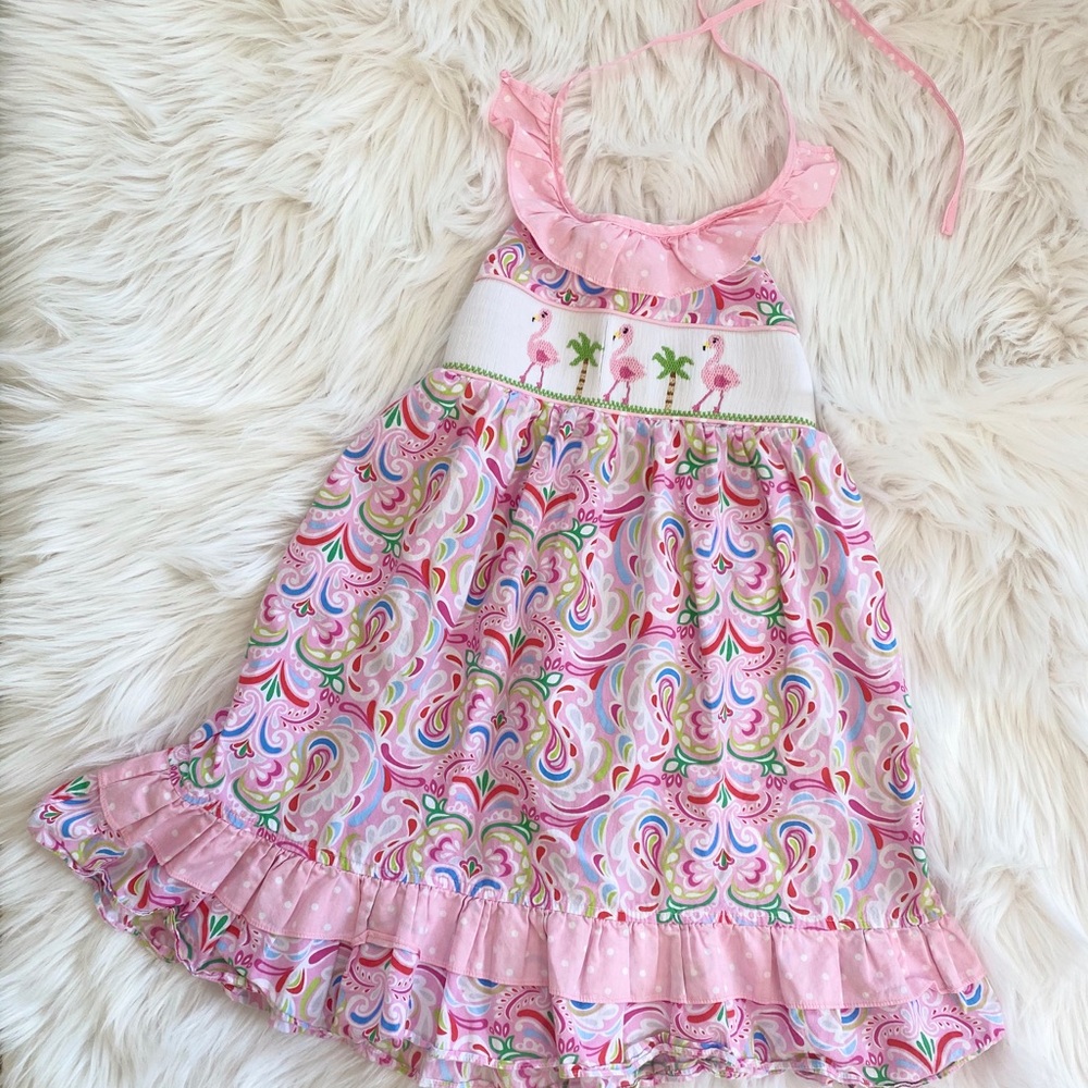 Spring Summer Flamingo & Palm Tree Smocked Dress